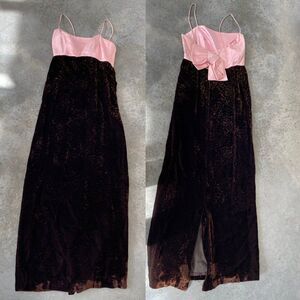 Vintage Safinia Dress Pink Brown Velvet Silk Brocade Long Bow Small